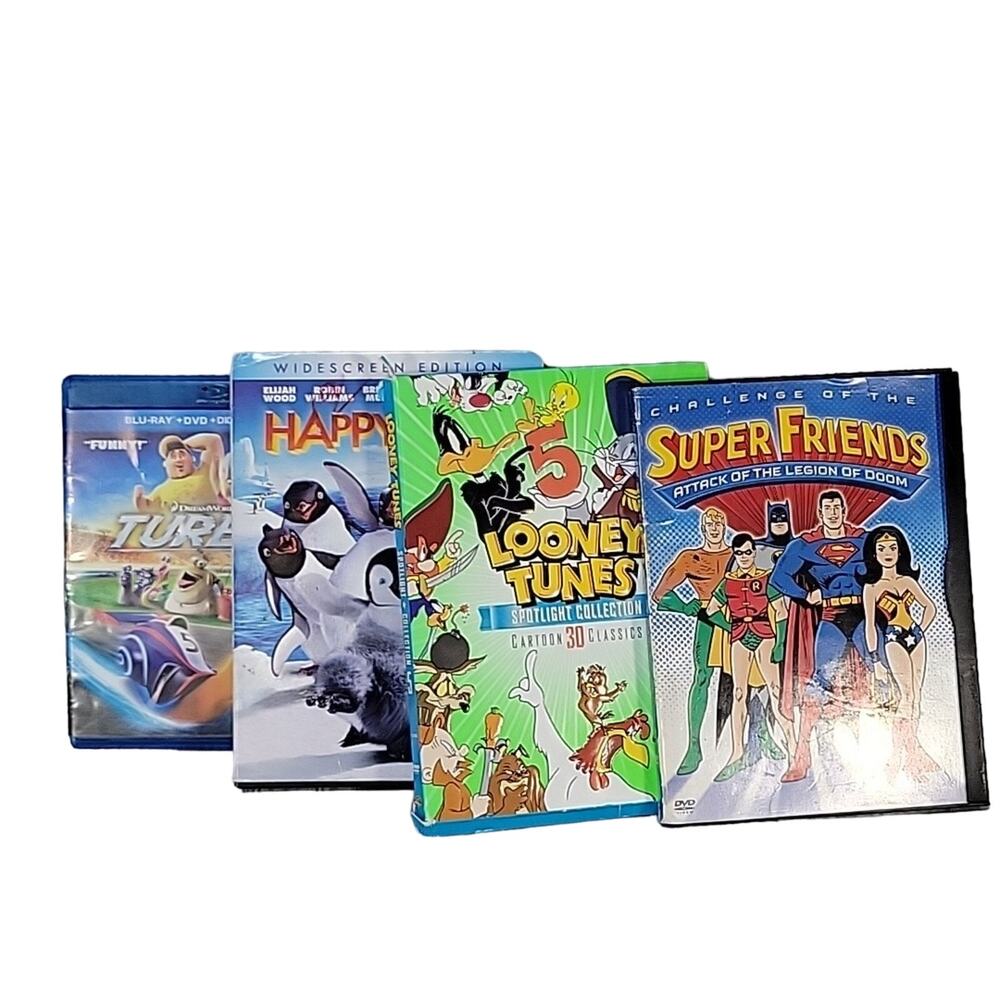 Lot of 4 Kids DVD Movies/Shows, Super Friends, Loony Toons, Turbo, Happy Feet